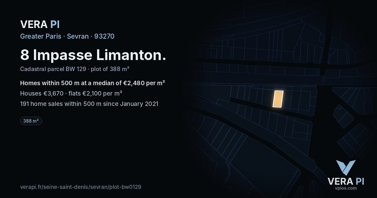 8 Impasse Limanton, Sevran at night – the plot lit, the parcels around coloured by the prices near them