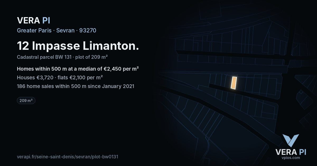12 Impasse Limanton, Sevran at night – the plot lit, the parcels around coloured by the prices near them