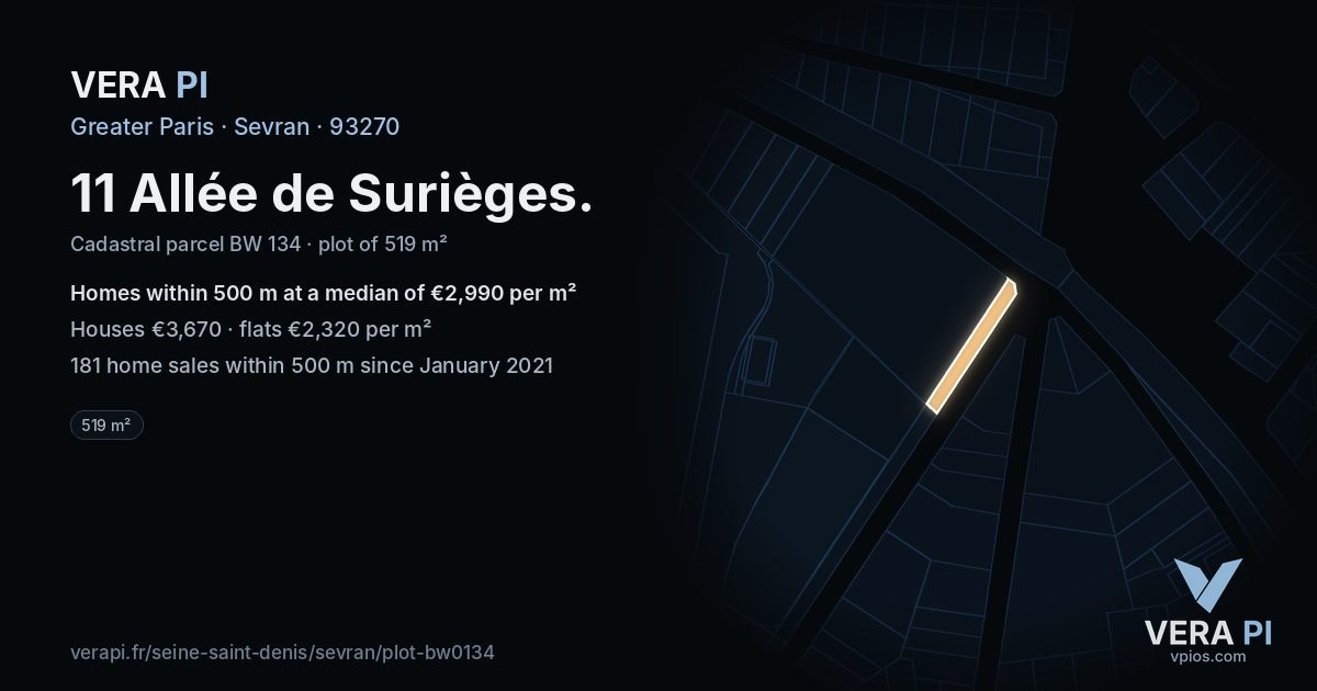 11 Allée de Surièges, Sevran at night – the plot lit, the parcels around coloured by the prices near them