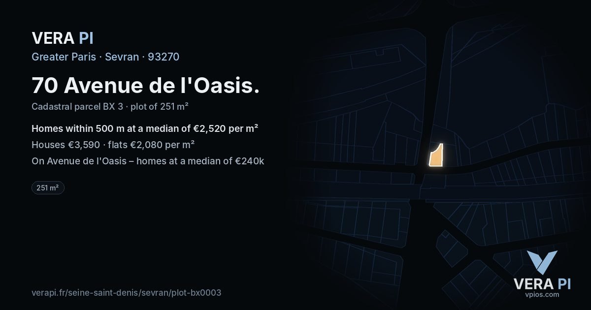 70 Avenue de l'Oasis, Sevran at night – the plot lit, the parcels around coloured by the prices near them