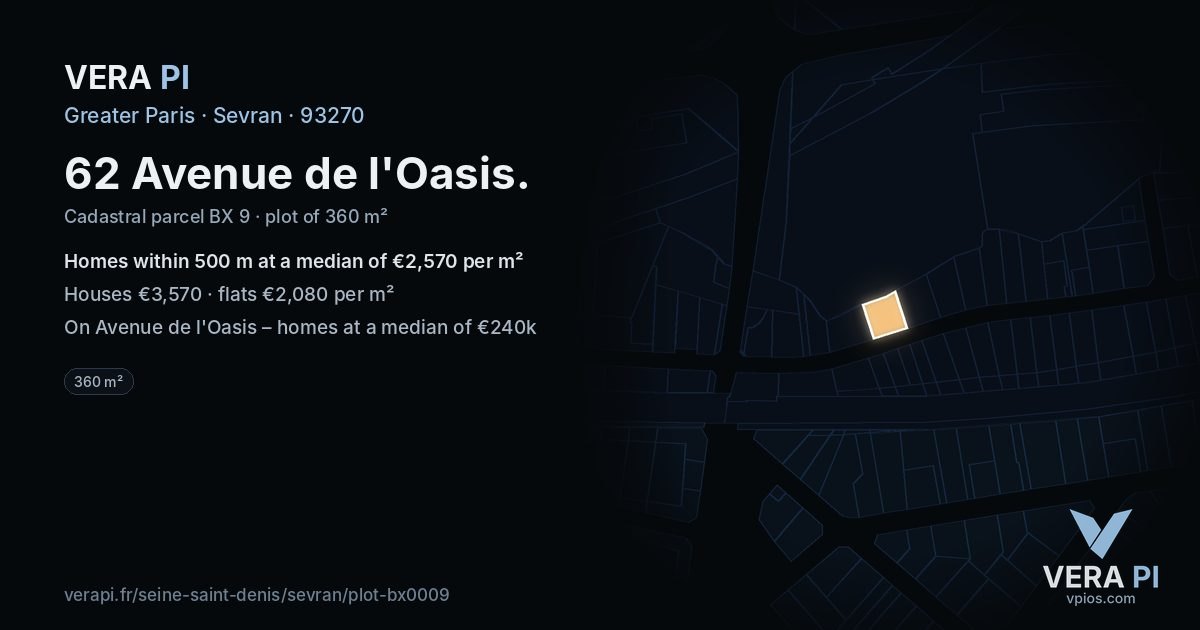 62 Avenue de l'Oasis, Sevran at night – the plot lit, the parcels around coloured by the prices near them