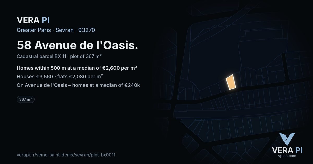 58 Avenue de l'Oasis, Sevran at night – the plot lit, the parcels around coloured by the prices near them