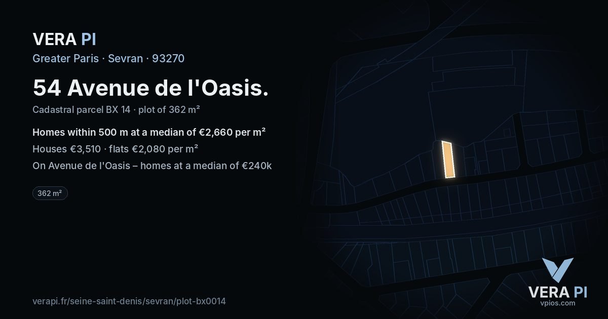 54 Avenue de l'Oasis, Sevran at night – the plot lit, the parcels around coloured by the prices near them