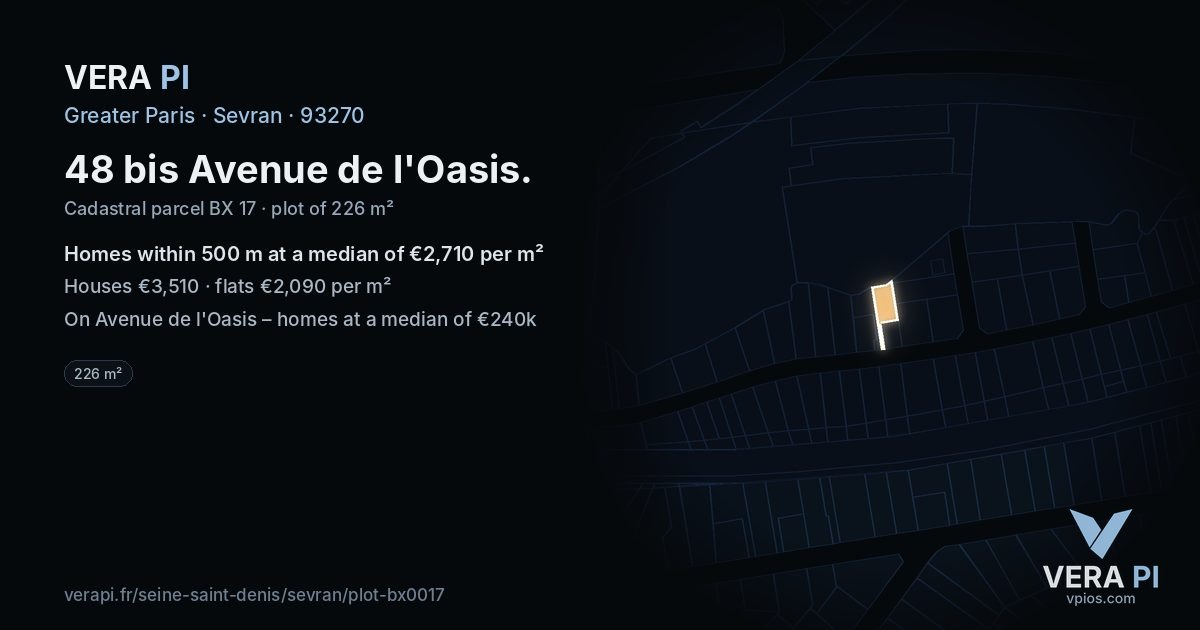 48 bis Avenue de l'Oasis, Sevran at night – the plot lit, the parcels around coloured by the prices near them