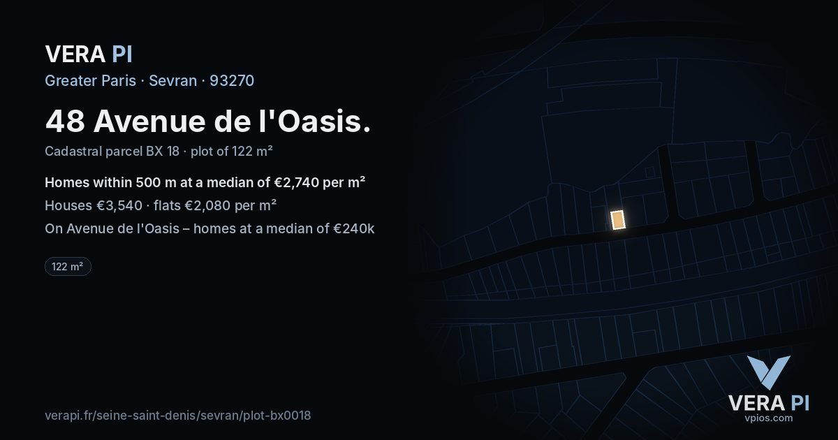 48 Avenue de l'Oasis, Sevran at night – the plot lit, the parcels around coloured by the prices near them