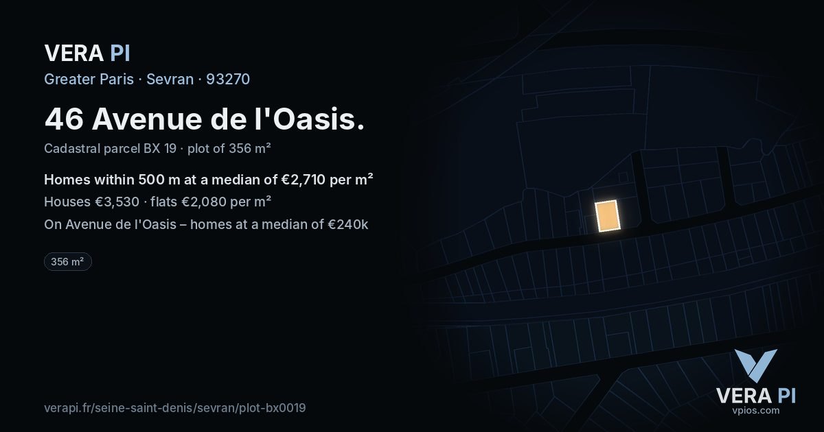 46 Avenue de l'Oasis, Sevran at night – the plot lit, the parcels around coloured by the prices near them