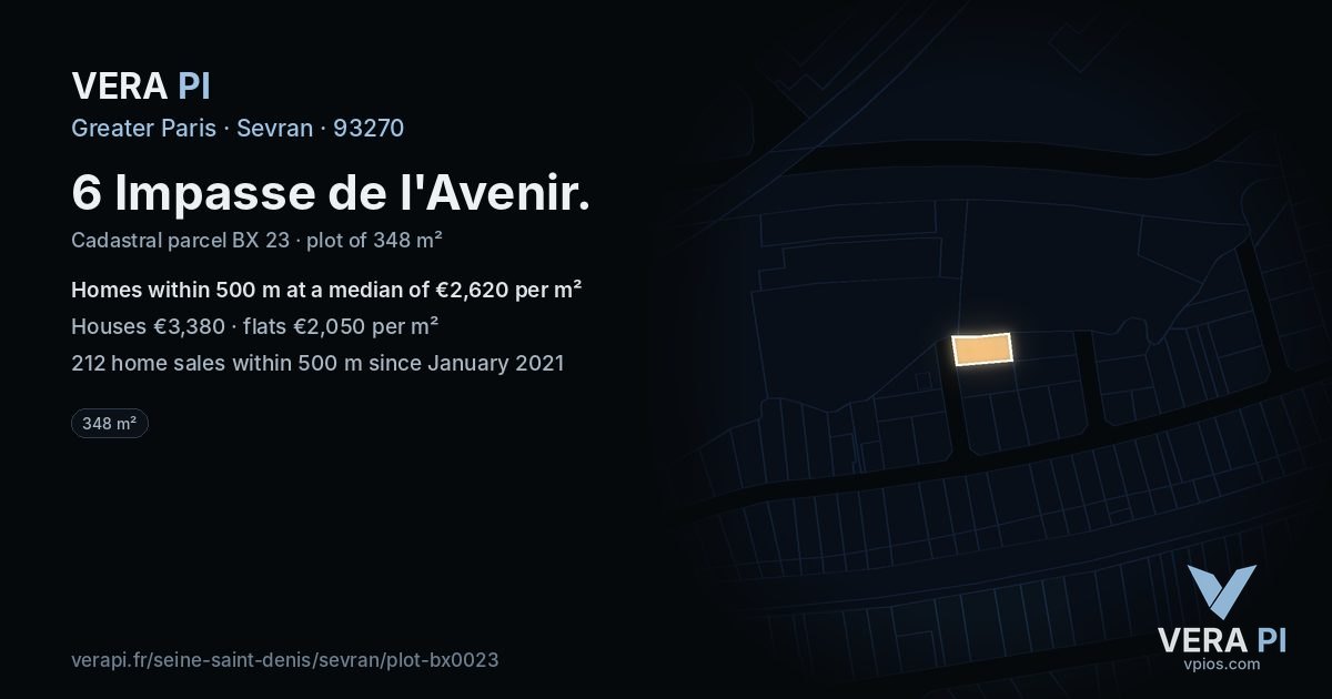 6 Impasse de l'Avenir, Sevran at night – the plot lit, the parcels around coloured by the prices near them