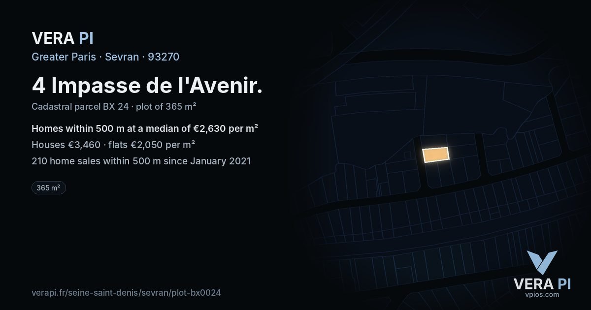 4 Impasse de l'Avenir, Sevran at night – the plot lit, the parcels around coloured by the prices near them