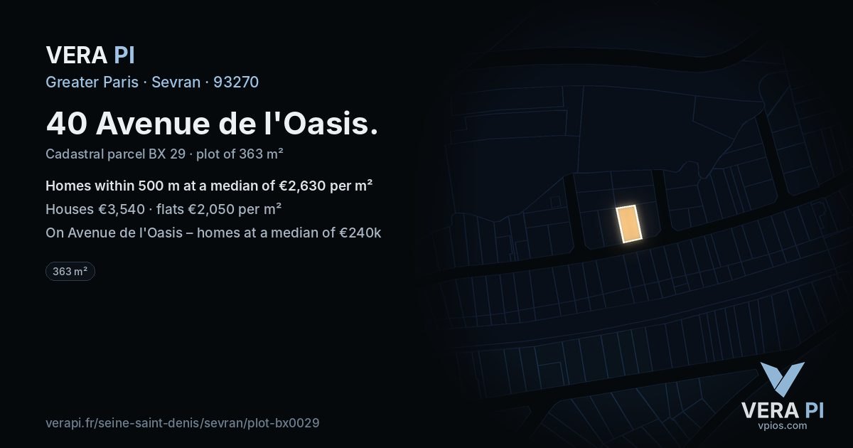 40 Avenue de l'Oasis, Sevran at night – the plot lit, the parcels around coloured by the prices near them