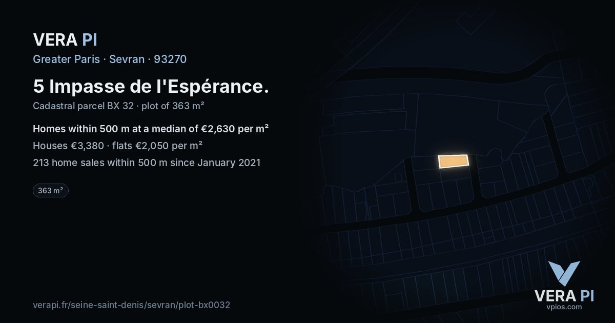 5 Impasse de l'Espérance, Sevran at night – the plot lit, the parcels around coloured by the prices near them