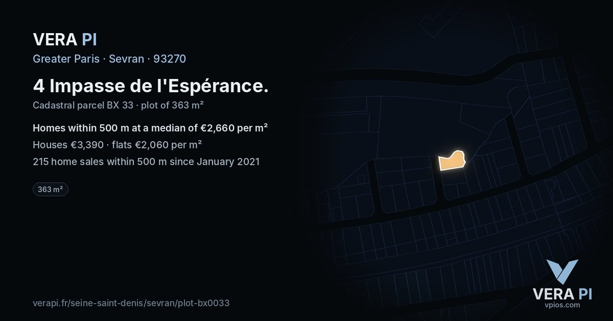 4 Impasse de l'Espérance, Sevran at night – the plot lit, the parcels around coloured by the prices near them