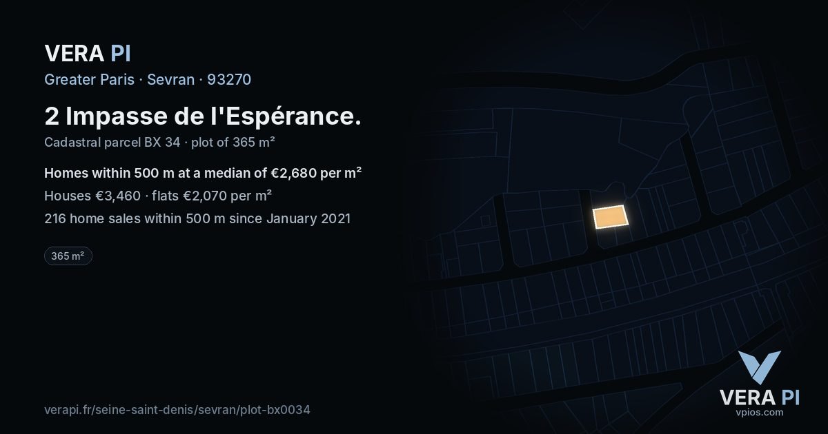 2 Impasse de l'Espérance, Sevran at night – the plot lit, the parcels around coloured by the prices near them