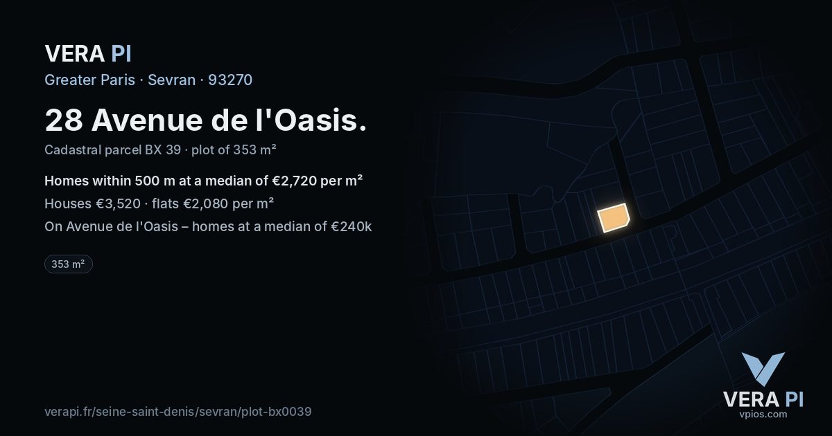 28 Avenue de l'Oasis, Sevran at night – the plot lit, the parcels around coloured by the prices near them