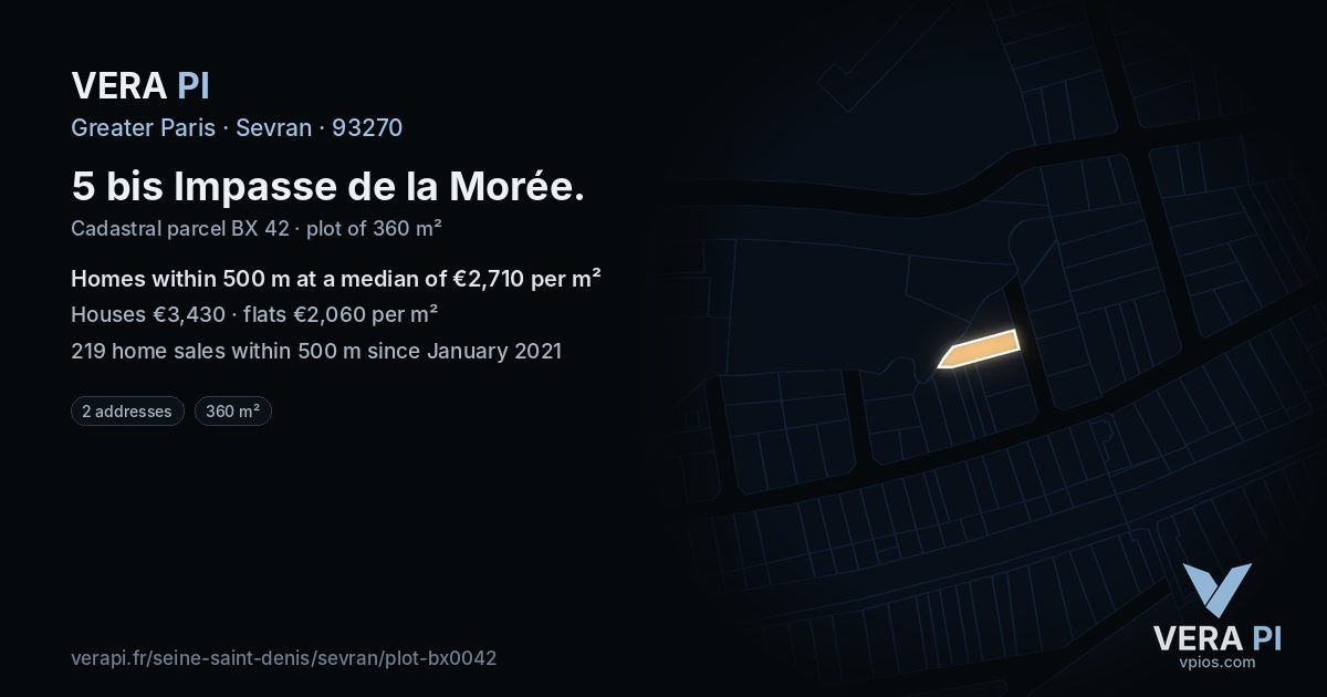 5 bis Impasse de la Morée, Sevran at night – the plot lit, the parcels around coloured by the prices near them