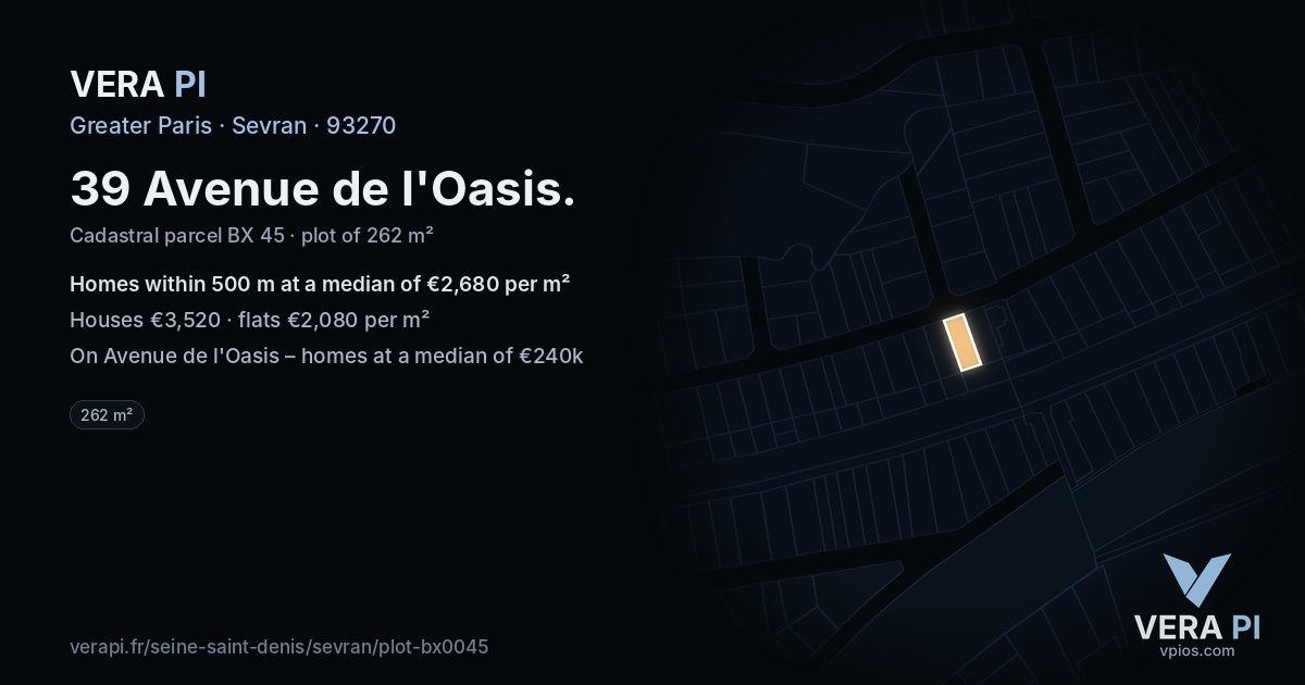 39 Avenue de l'Oasis, Sevran at night – the plot lit, the parcels around coloured by the prices near them