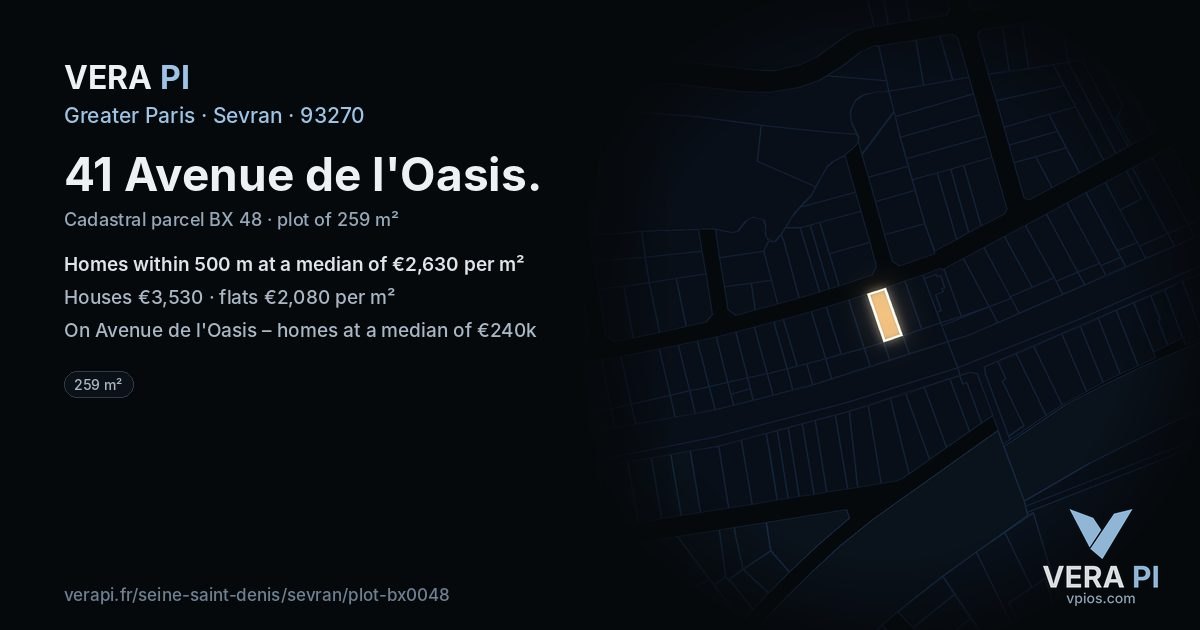41 Avenue de l'Oasis, Sevran at night – the plot lit, the parcels around coloured by the prices near them