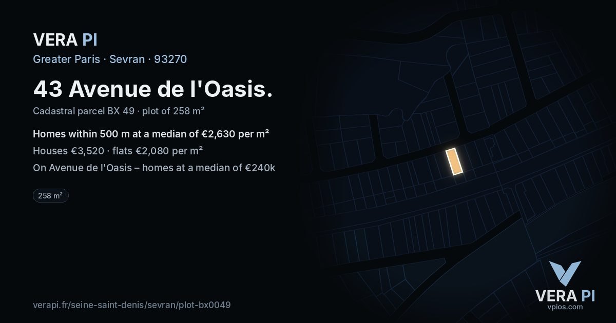 43 Avenue de l'Oasis, Sevran at night – the plot lit, the parcels around coloured by the prices near them