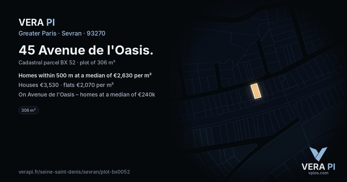 45 Avenue de l'Oasis, Sevran at night – the plot lit, the parcels around coloured by the prices near them