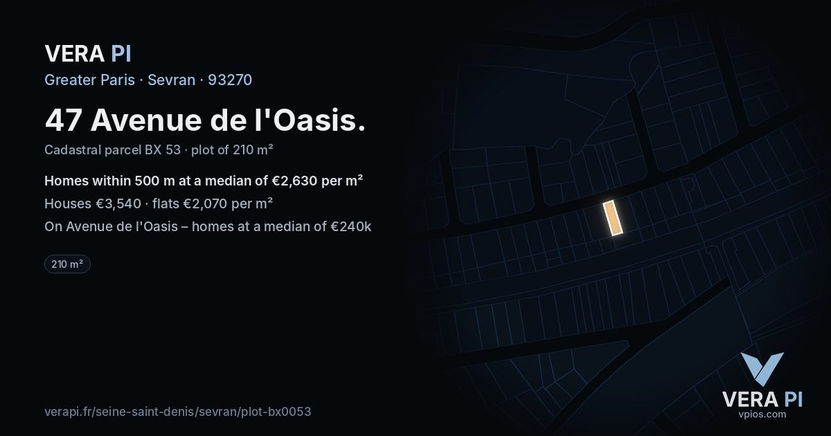 47 Avenue de l'Oasis, Sevran at night – the plot lit, the parcels around coloured by the prices near them