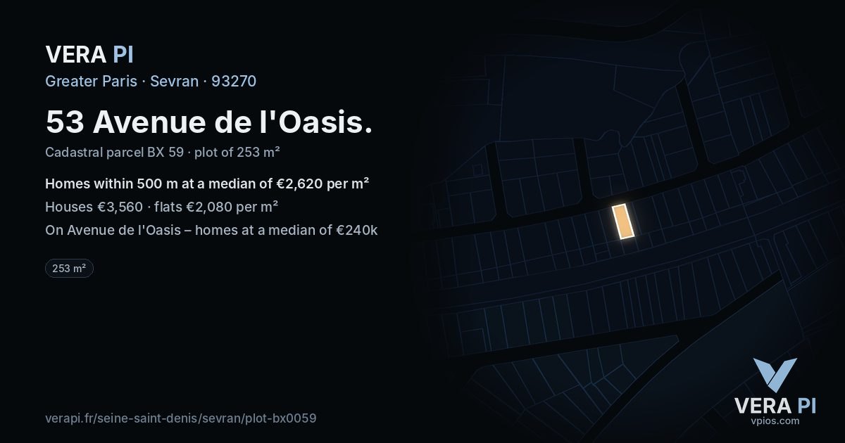 53 Avenue de l'Oasis, Sevran at night – the plot lit, the parcels around coloured by the prices near them