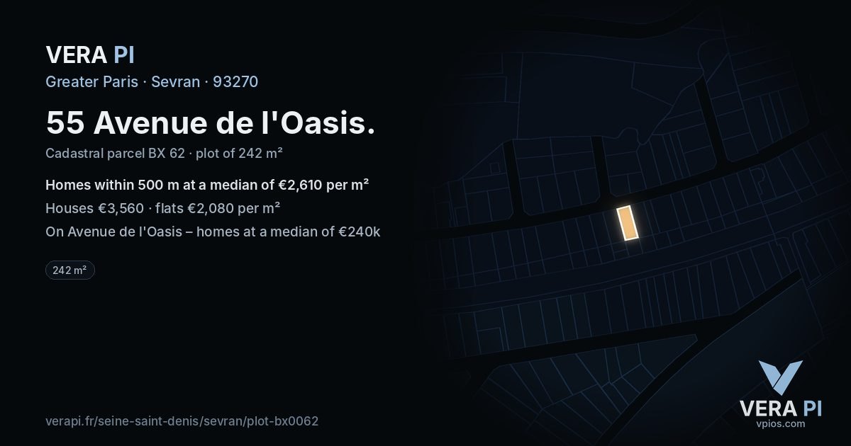 55 Avenue de l'Oasis, Sevran at night – the plot lit, the parcels around coloured by the prices near them