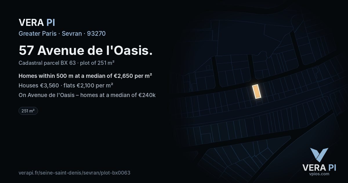 57 Avenue de l'Oasis, Sevran at night – the plot lit, the parcels around coloured by the prices near them