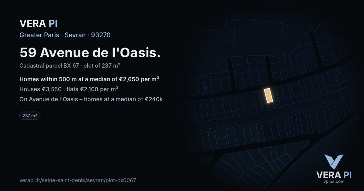 59 Avenue de l'Oasis, Sevran at night – the plot lit, the parcels around coloured by the prices near them