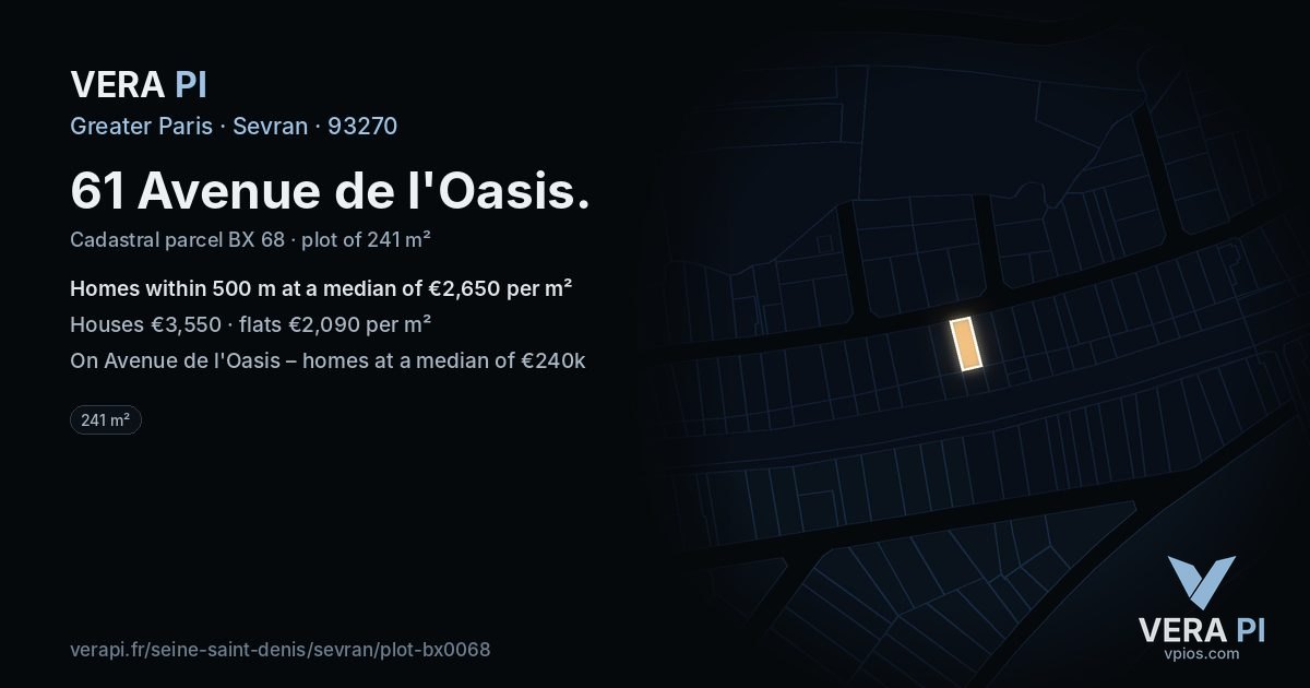 61 Avenue de l'Oasis, Sevran at night – the plot lit, the parcels around coloured by the prices near them
