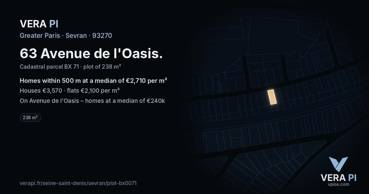 63 Avenue de l'Oasis, Sevran at night – the plot lit, the parcels around coloured by the prices near them