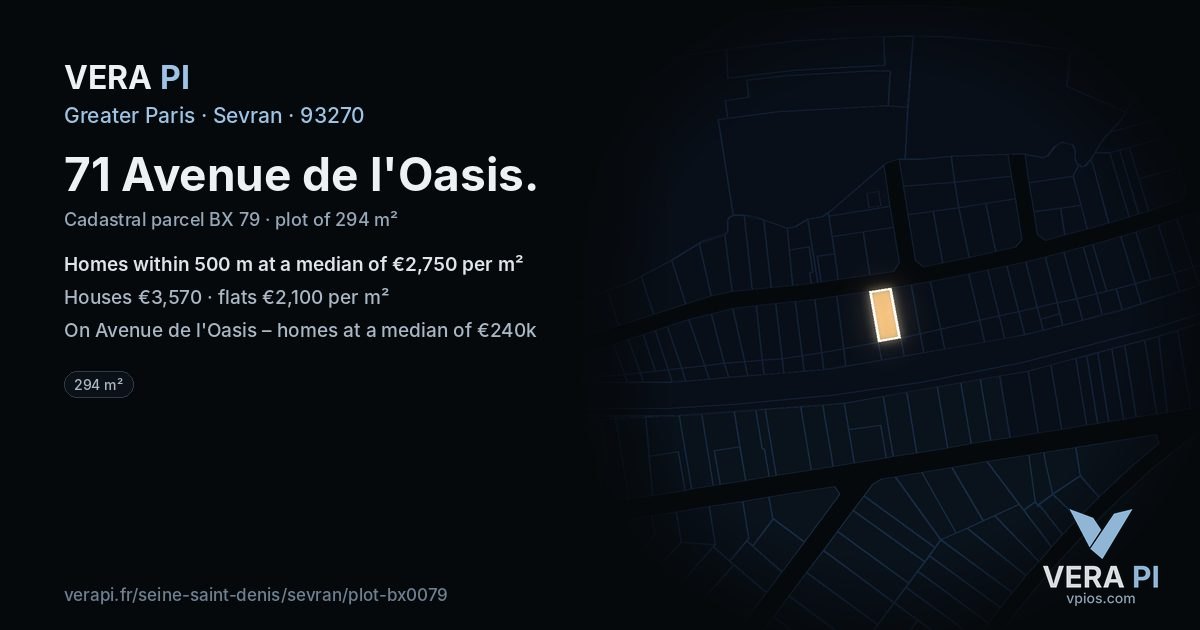 71 Avenue de l'Oasis, Sevran at night – the plot lit, the parcels around coloured by the prices near them