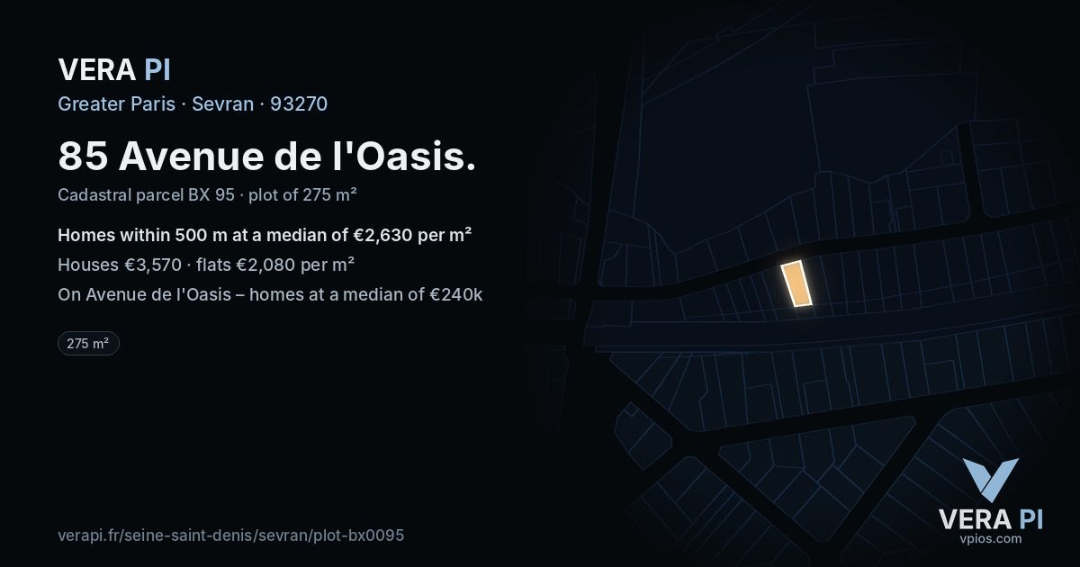 85 Avenue de l'Oasis, Sevran at night – the plot lit, the parcels around coloured by the prices near them
