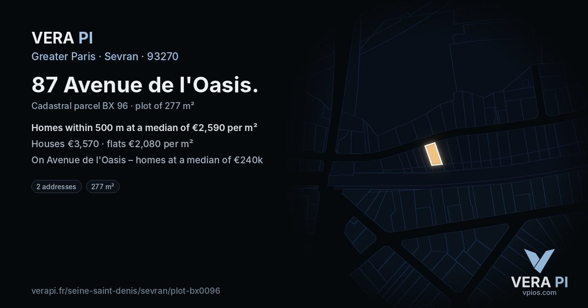 87 Avenue de l'Oasis, Sevran at night – the plot lit, the parcels around coloured by the prices near them