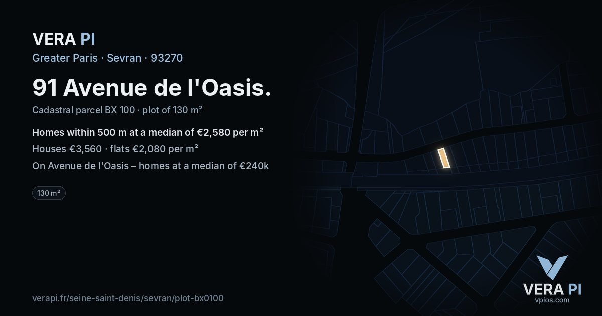 91 Avenue de l'Oasis, Sevran at night – the plot lit, the parcels around coloured by the prices near them