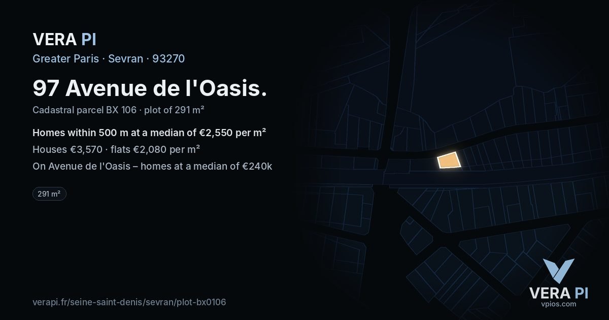 97 Avenue de l'Oasis, Sevran at night – the plot lit, the parcels around coloured by the prices near them
