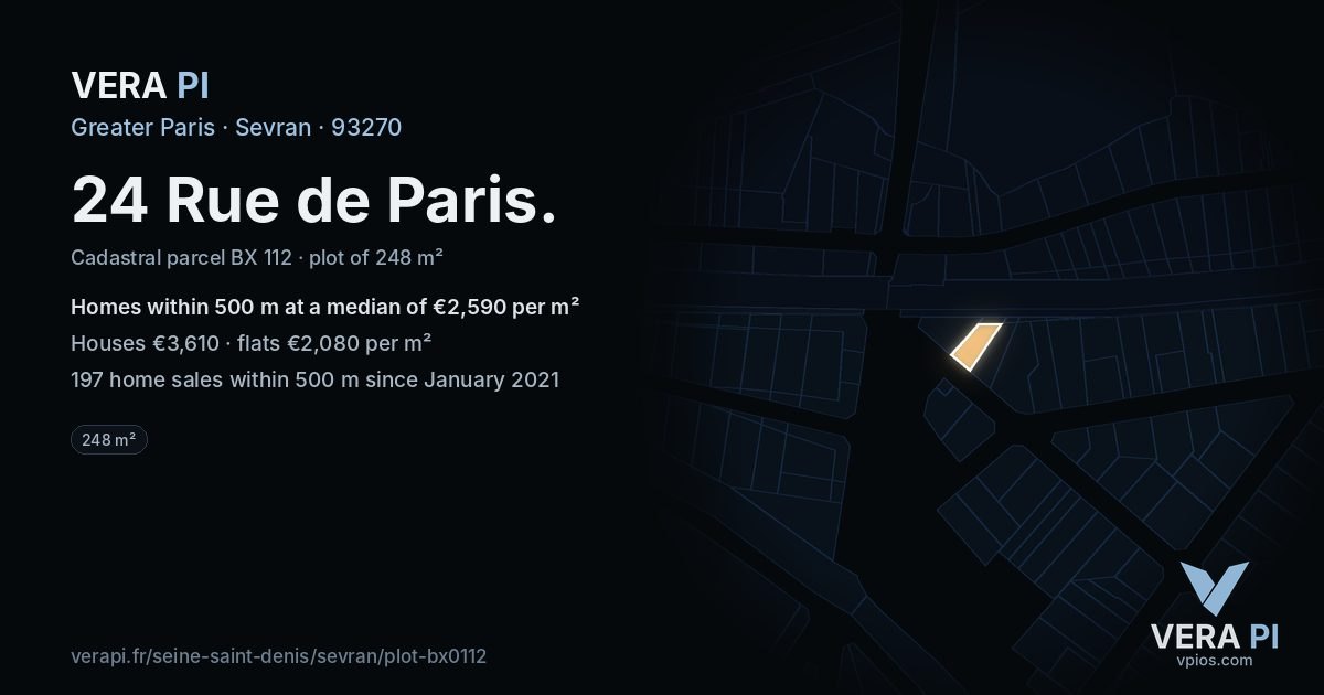24 Rue de Paris, Sevran at night – the plot lit, the parcels around coloured by the prices near them