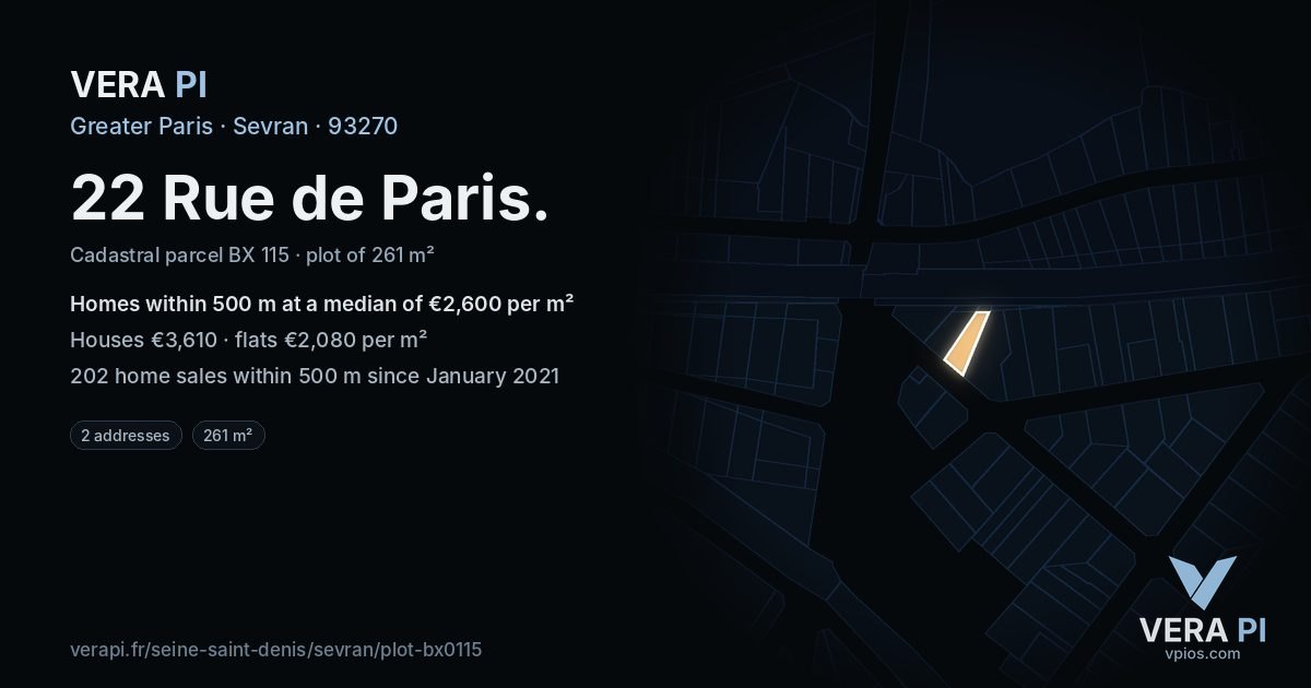 22 Rue de Paris, Sevran at night – the plot lit, the parcels around coloured by the prices near them