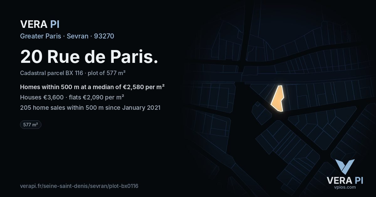 20 Rue de Paris, Sevran at night – the plot lit, the parcels around coloured by the prices near them