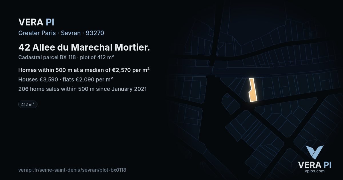 42 Allee du Marechal Mortier, Sevran at night – the plot lit, the parcels around coloured by the prices near them