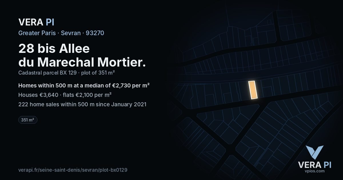 28 bis Allee du Marechal Mortier, Sevran at night – the plot lit, the parcels around coloured by the prices near them