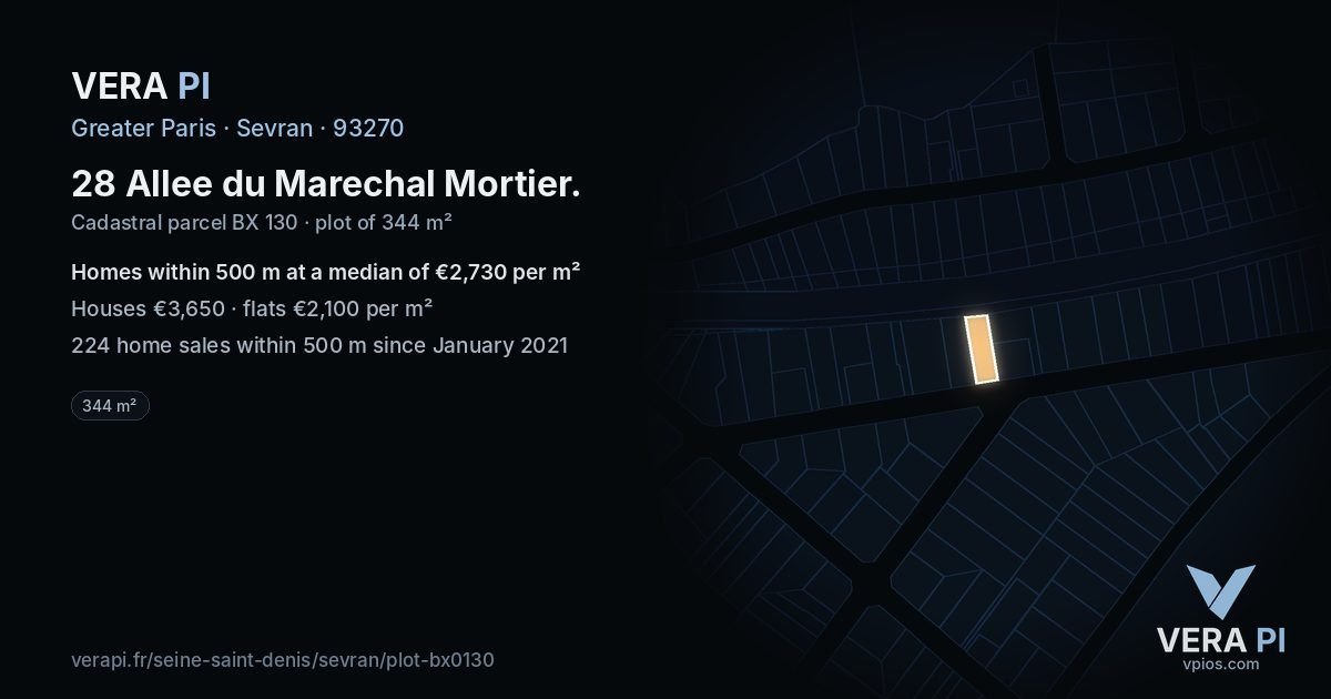 28 Allee du Marechal Mortier, Sevran at night – the plot lit, the parcels around coloured by the prices near them