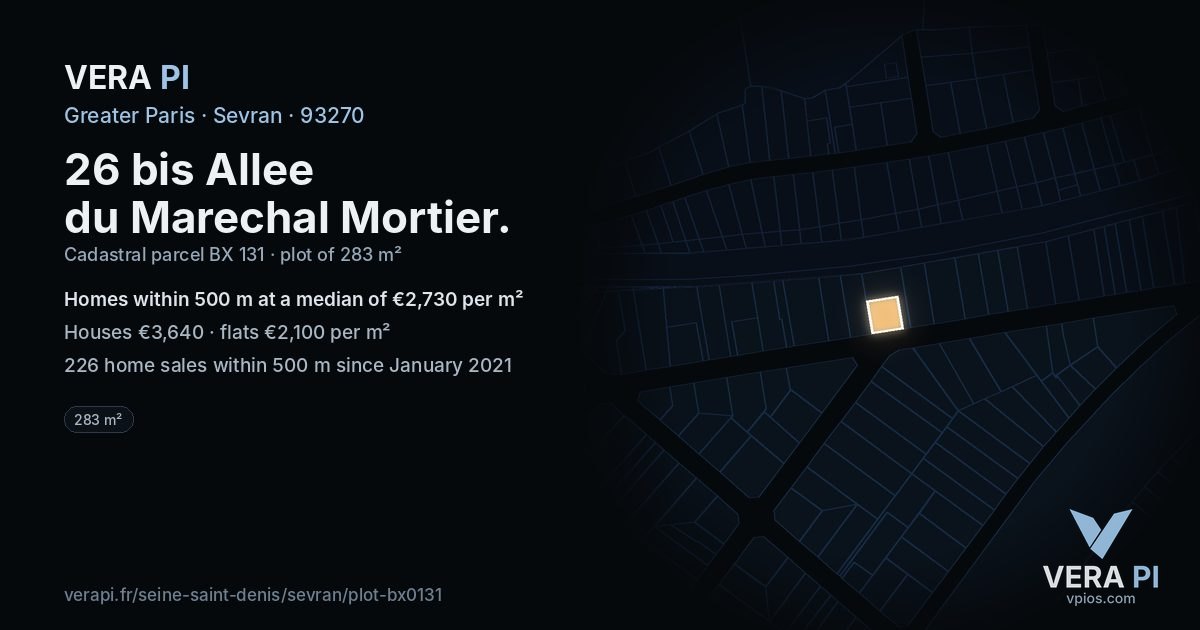 26 bis Allee du Marechal Mortier, Sevran at night – the plot lit, the parcels around coloured by the prices near them
