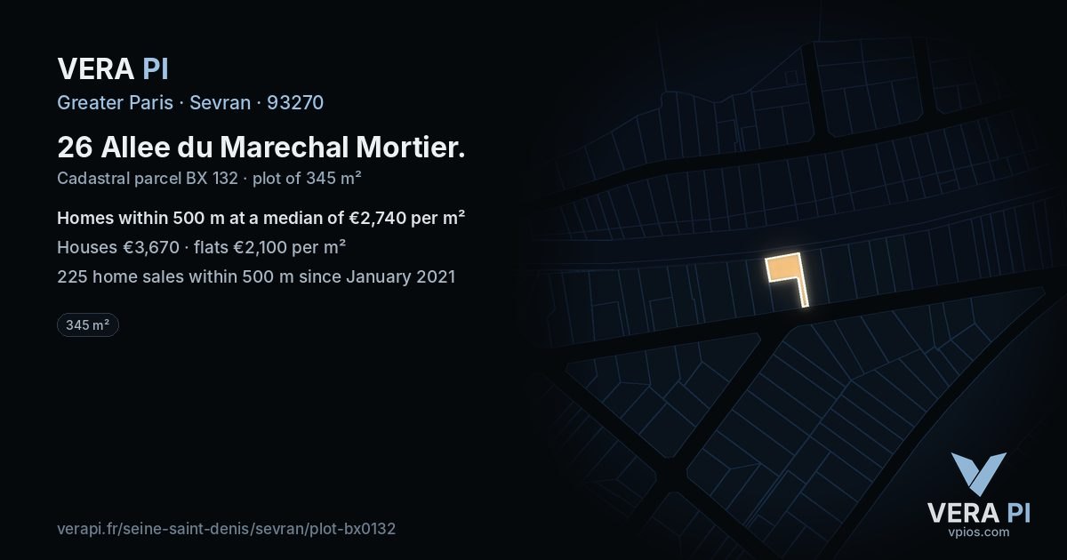 26 Allee du Marechal Mortier, Sevran at night – the plot lit, the parcels around coloured by the prices near them