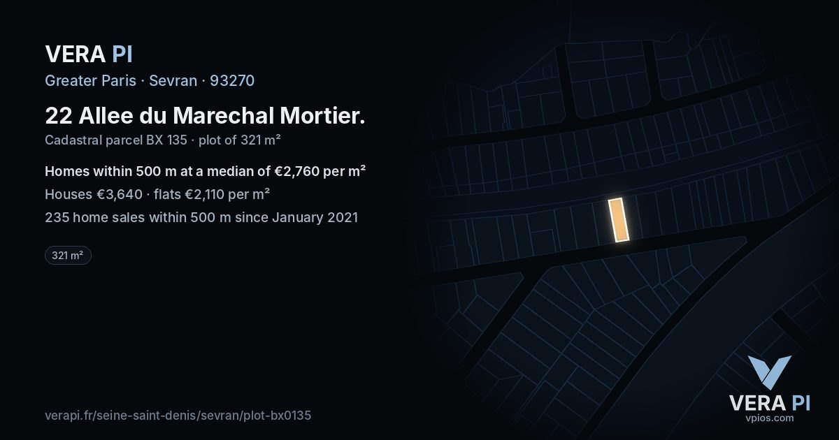 22 Allee du Marechal Mortier, Sevran at night – the plot lit, the parcels around coloured by the prices near them