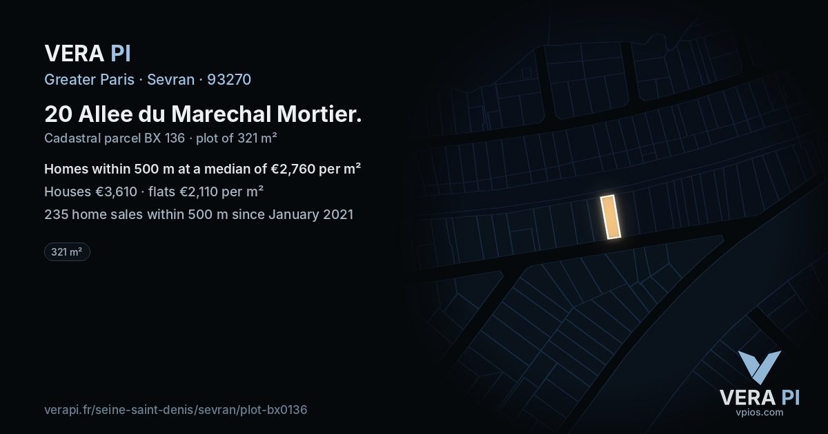 20 Allee du Marechal Mortier, Sevran at night – the plot lit, the parcels around coloured by the prices near them