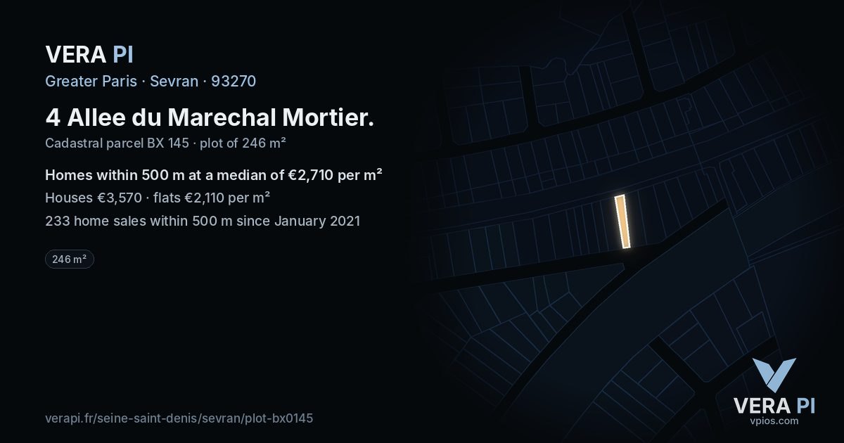 4 Allee du Marechal Mortier, Sevran at night – the plot lit, the parcels around coloured by the prices near them