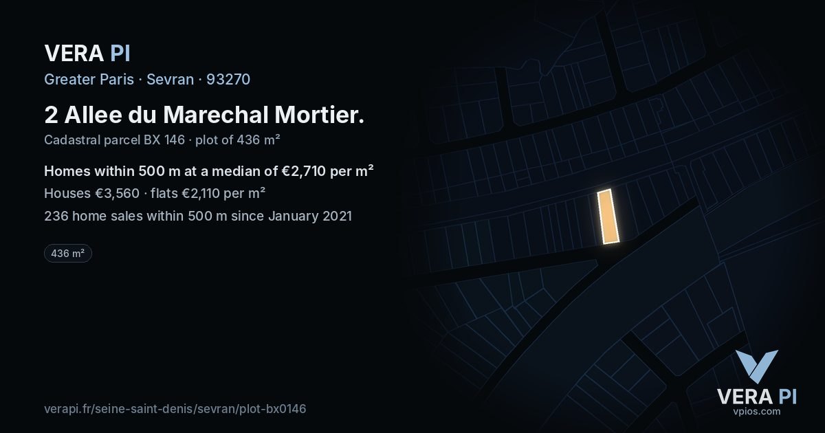 2 Allee du Marechal Mortier, Sevran at night – the plot lit, the parcels around coloured by the prices near them