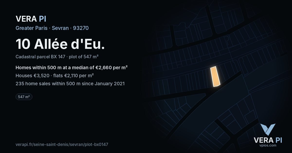 10 Allée d'Eu, Sevran at night – the plot lit, the parcels around coloured by the prices near them