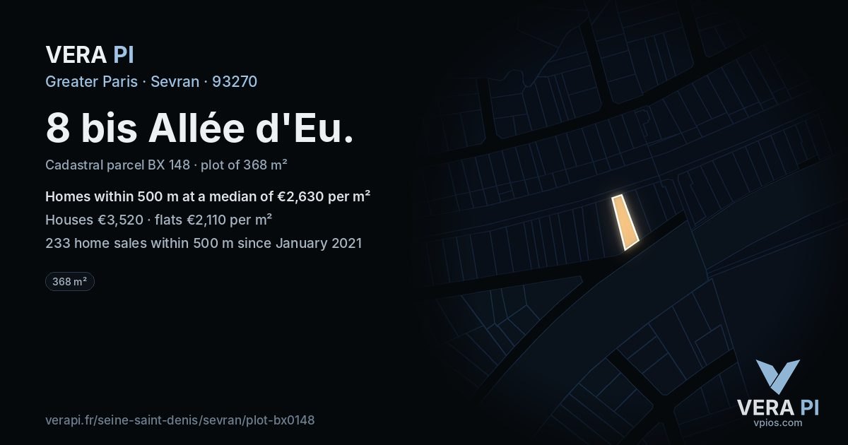 8 bis Allée d'Eu, Sevran at night – the plot lit, the parcels around coloured by the prices near them