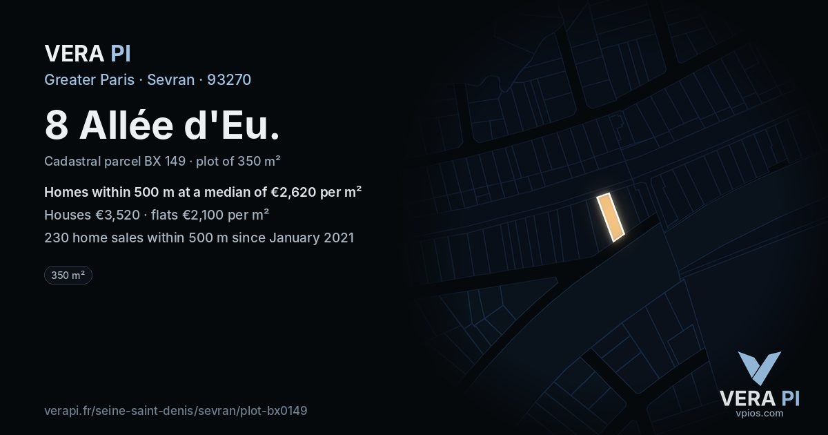 8 Allée d'Eu, Sevran at night – the plot lit, the parcels around coloured by the prices near them