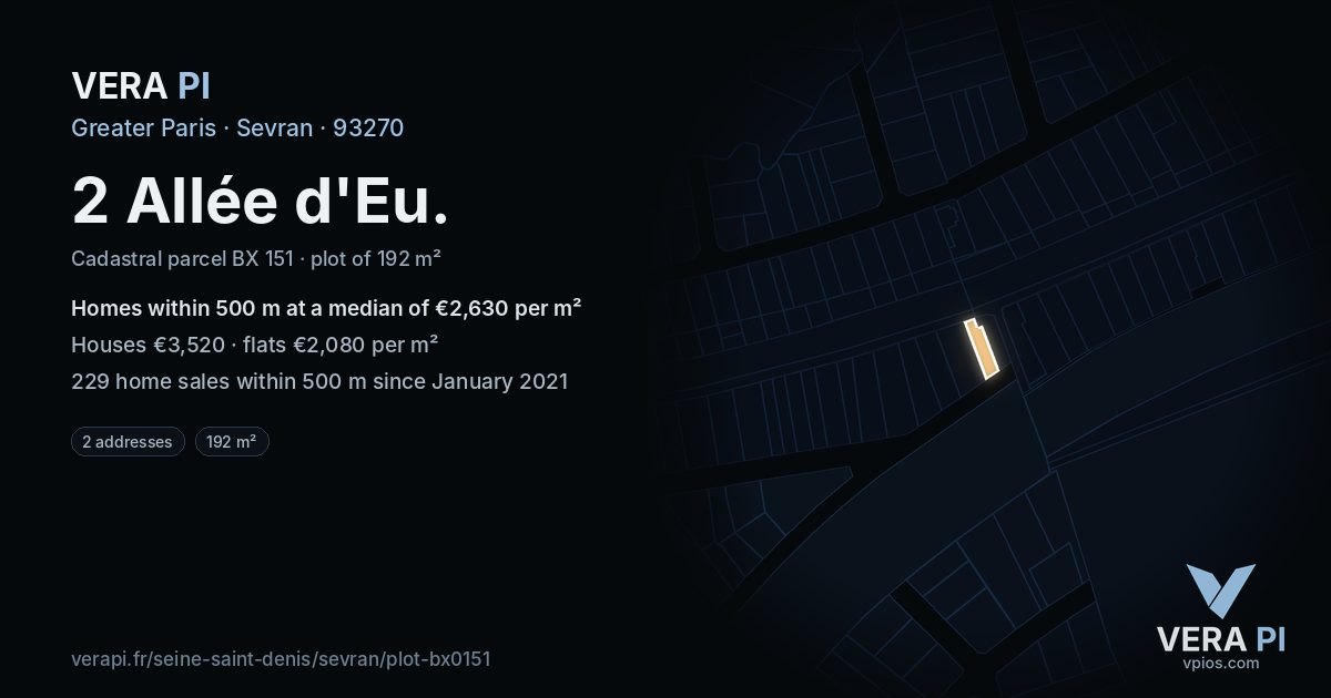 2 Allée d'Eu, Sevran at night – the plot lit, the parcels around coloured by the prices near them